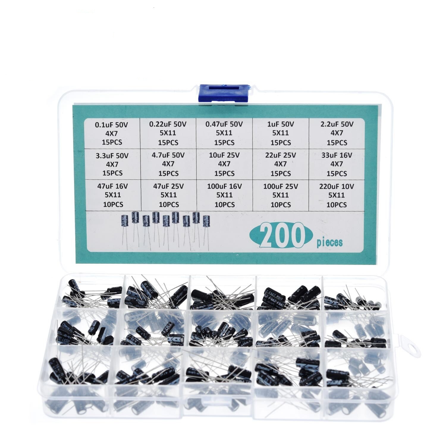 200pcs/lot Radial capacitors set 15Values 0.1uF-220uF Electrolytic Capacitor Assortment Kit 10V/16V/25V/50V capacitor pack