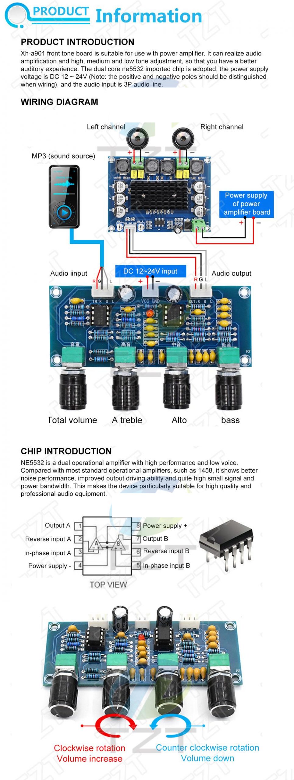 XH-A901 NE5532 Tone Board preamp Pre-amp With treble bass volume adjustment pre-amplifier Tone Controller For amplifier Board