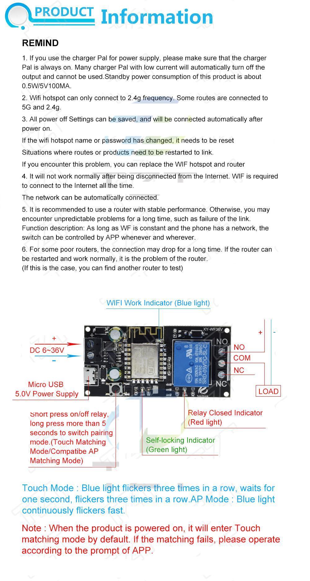 Sinilink WIFI mobile phone remote control relay module DC6V~36V smart home phone APP ESP-12F XY-WF36V