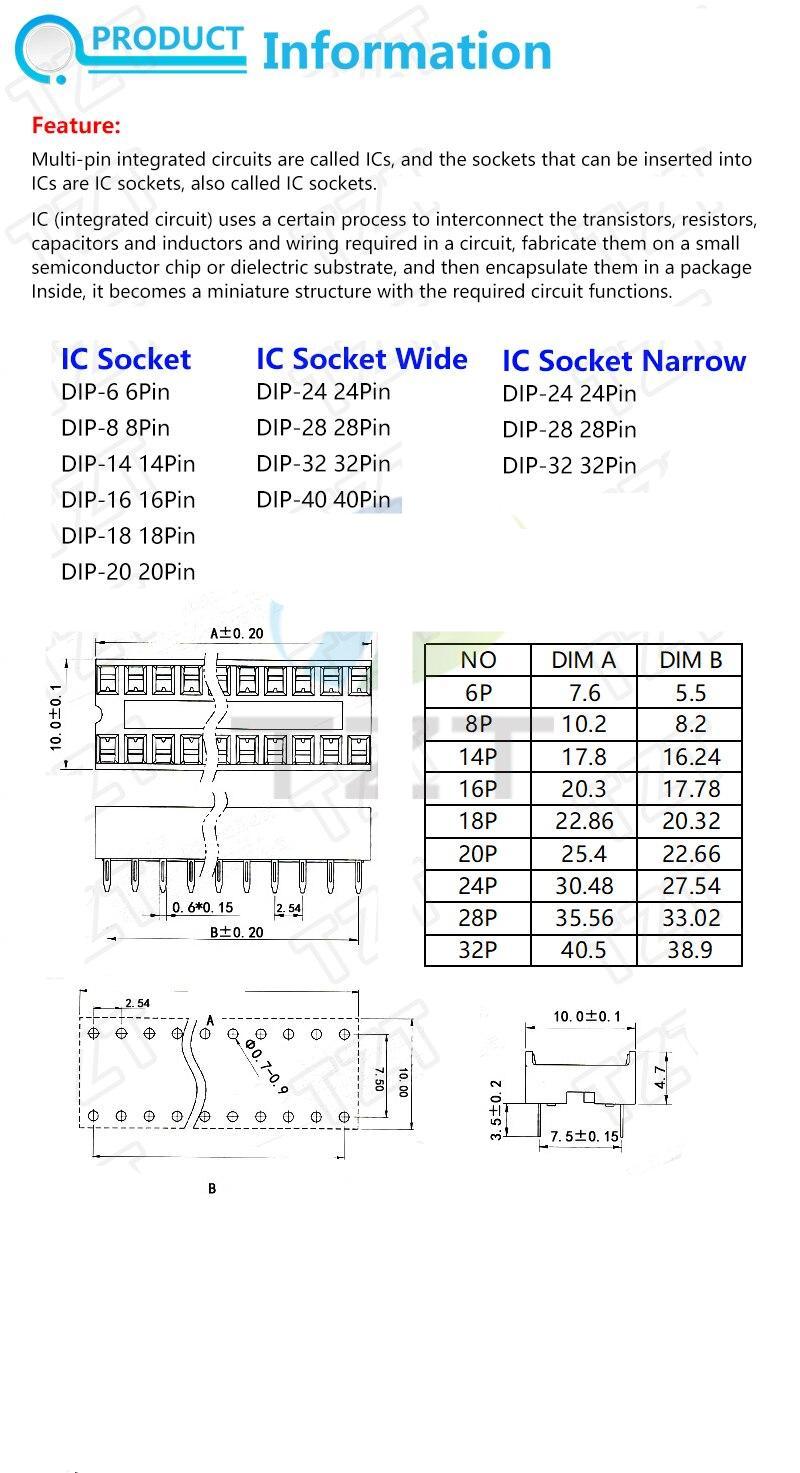 1pc IC seat 6P/8P/14P/16P/18P/20P/24P/28P DIP IC sockets Adaptor Solder Type 28 pin Narrow body DIP Sockets MCU seat 24PIN